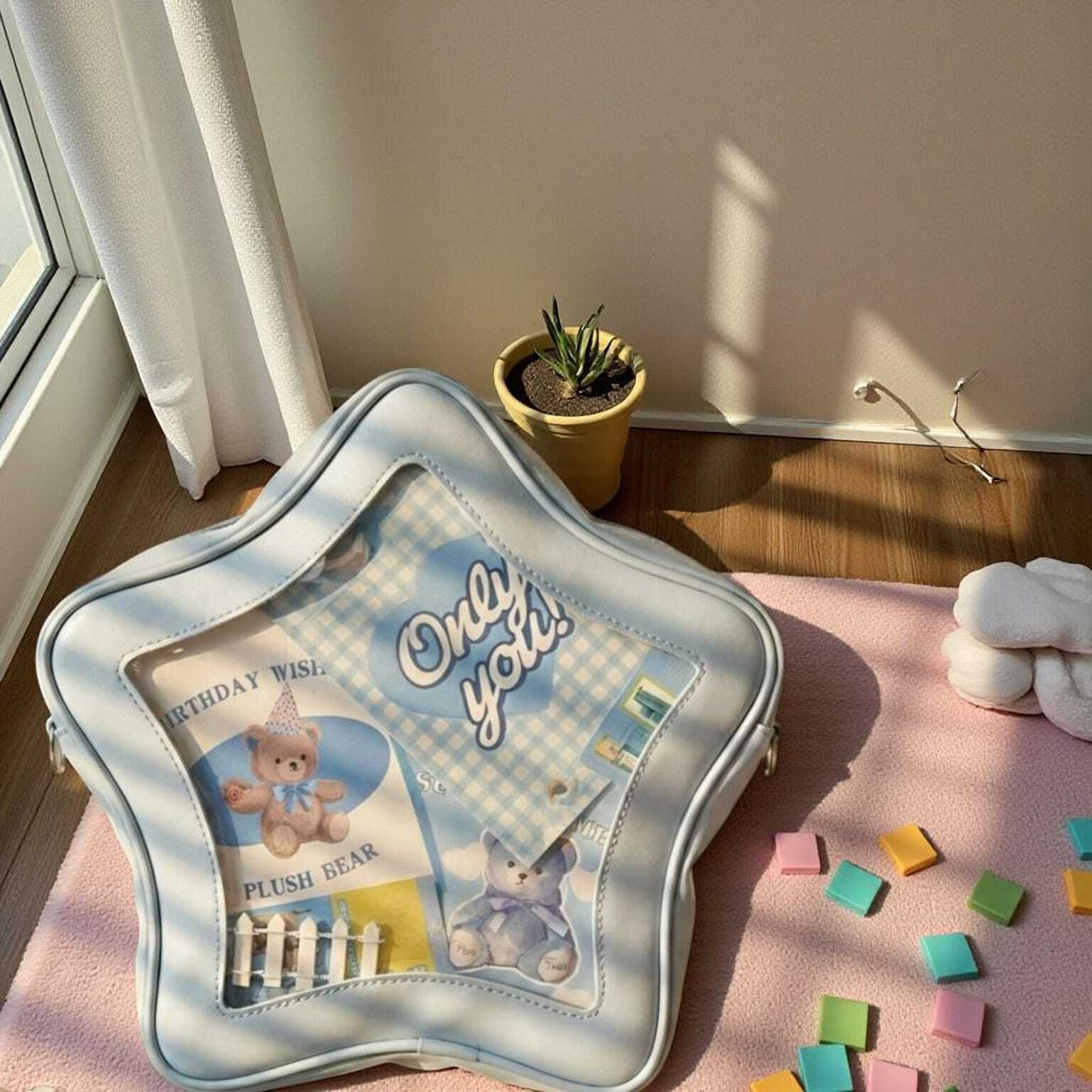 Yellow Kawaii Star Convertible Ita Bag with Clear Window for Pin Display Yellow Kawaii Star Convertible Ita Bag with Clear Window for Pin Display