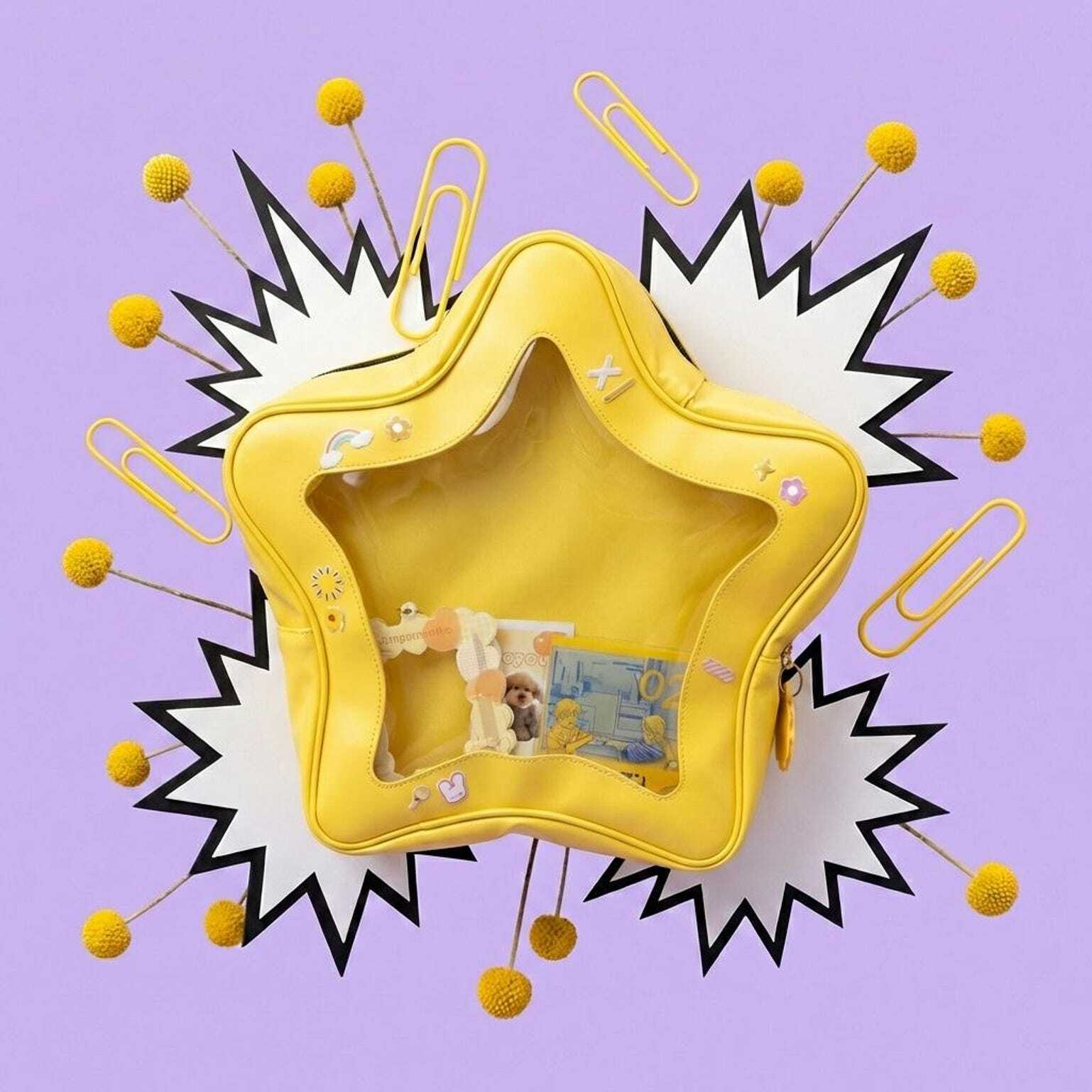 Yellow Kawaii Star Convertible Ita Bag with Clear Window for Pin Display Yellow Kawaii Star Convertible Ita Bag with Clear Window for Pin Display