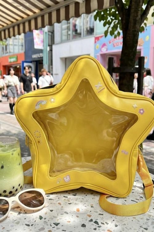 Yellow Kawaii Star Convertible Ita Bag with Clear Window for Pin Display