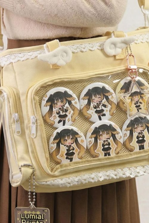 Yellow Kawaii Y2K Convertible Ita Bag with Clear Window for Pin Display