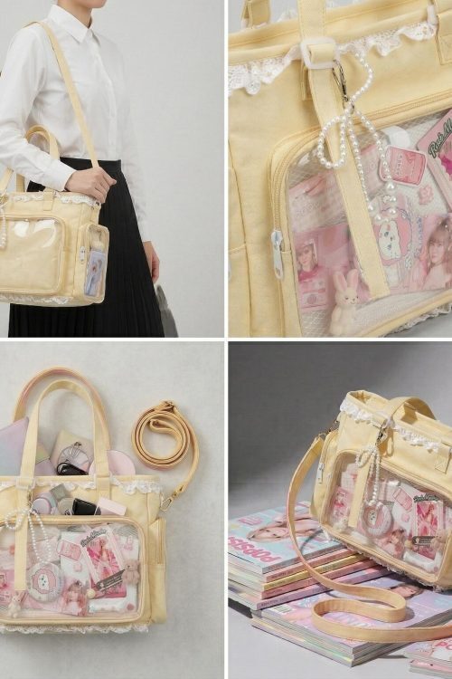 Yellow Kawaii Y2K Convertible Ita Bag with Clear Window for Pin Display